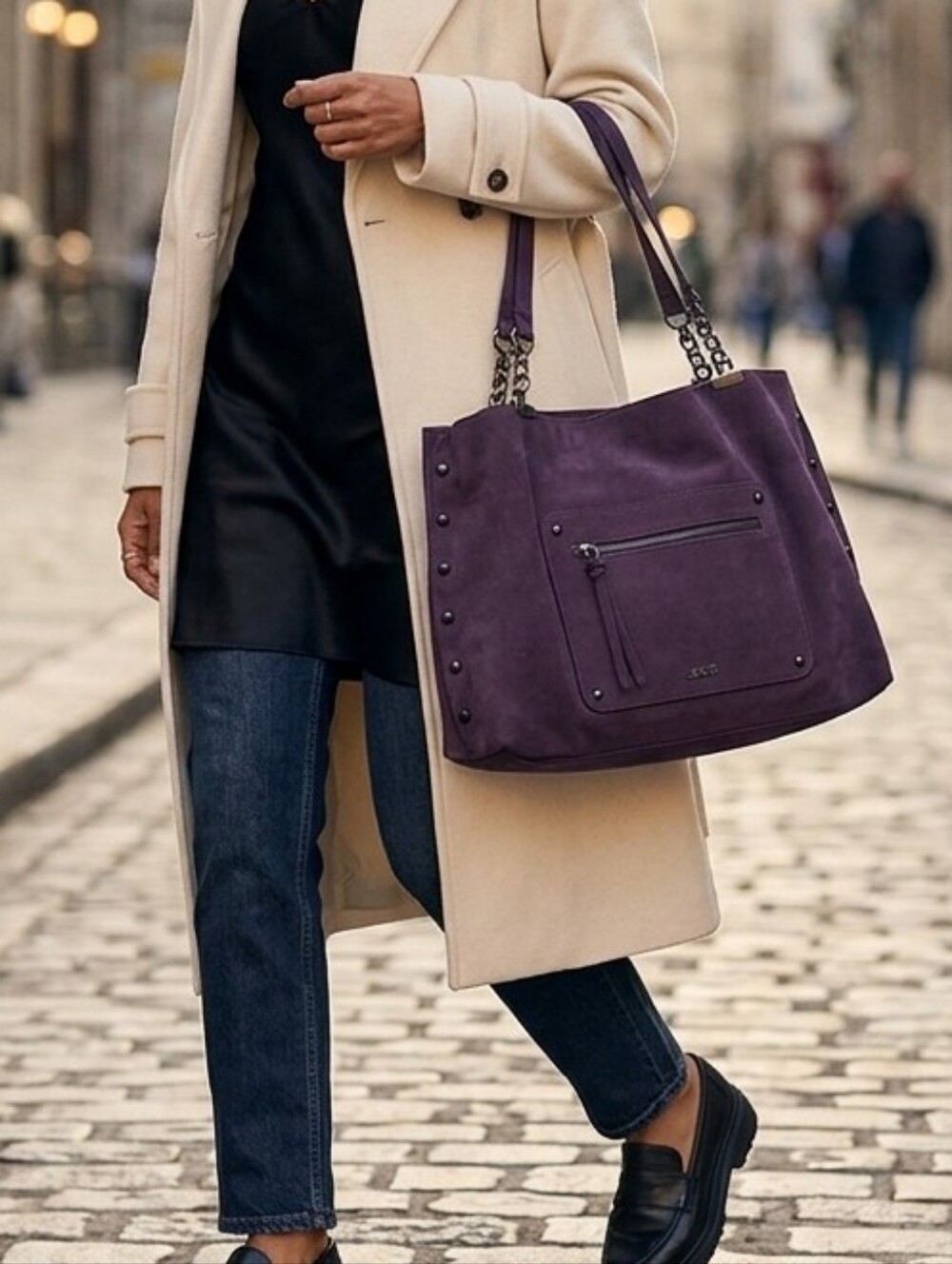 NEW Joe's Purple Faux Suede Shoulder Shopper Bag Chain Straps Studded
